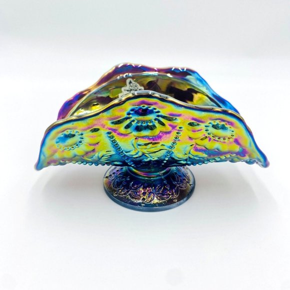 Fenton Kitchen Fenton Banana Boat Domed Foot Beaded Flower Pattern Carnival Glass Napkin